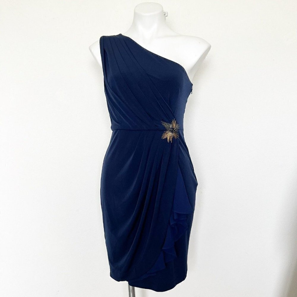 Max and Cleo Navy Blue One Shoulder Ruffle Cocktail Wedding Guest Dress Size 4 - Picture 14 of 14